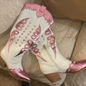 Women's Pink and White Western Boots SZ 7